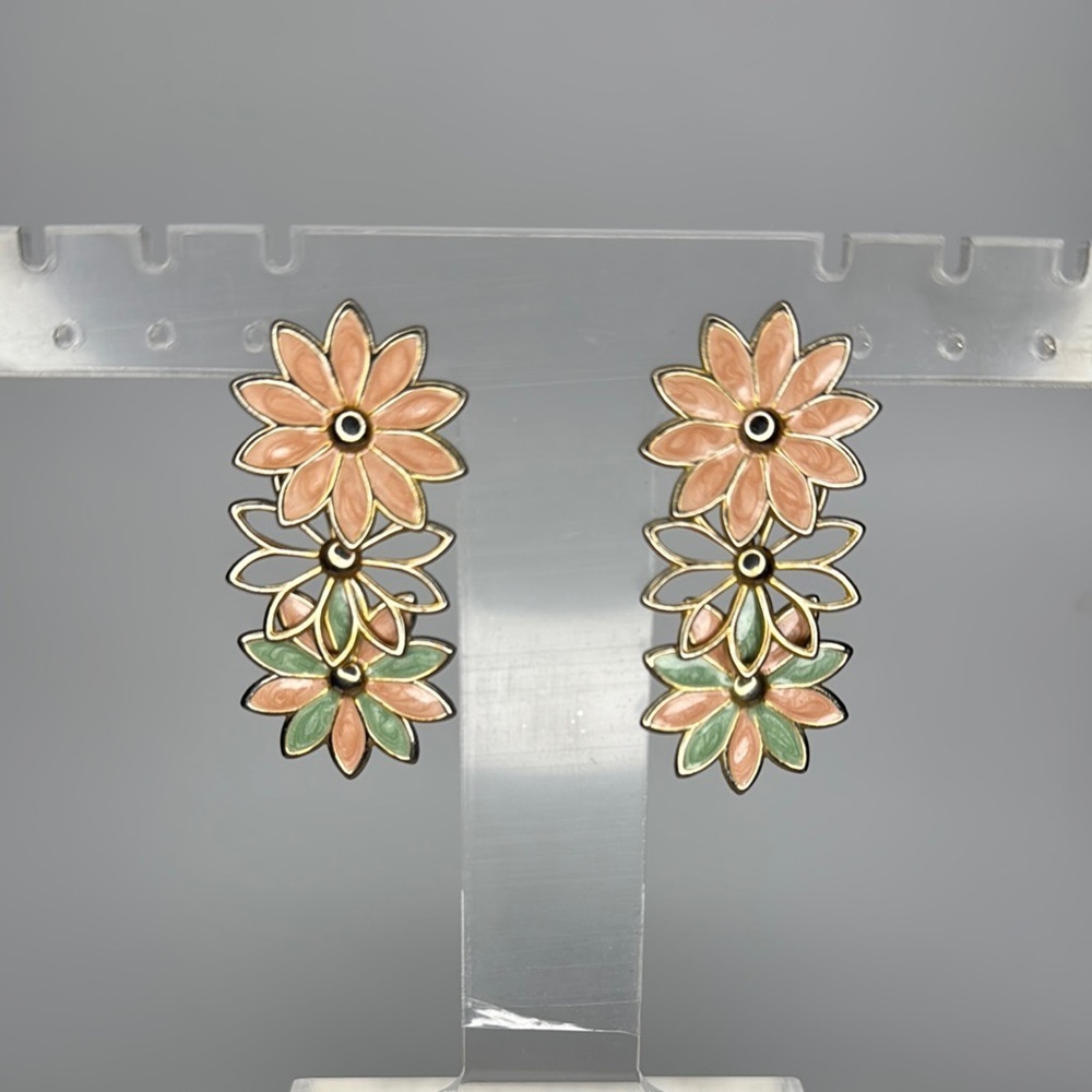 Floral Pink and Green Earrings with Double Flower Design - Backs Missing - Picture 1 of 3